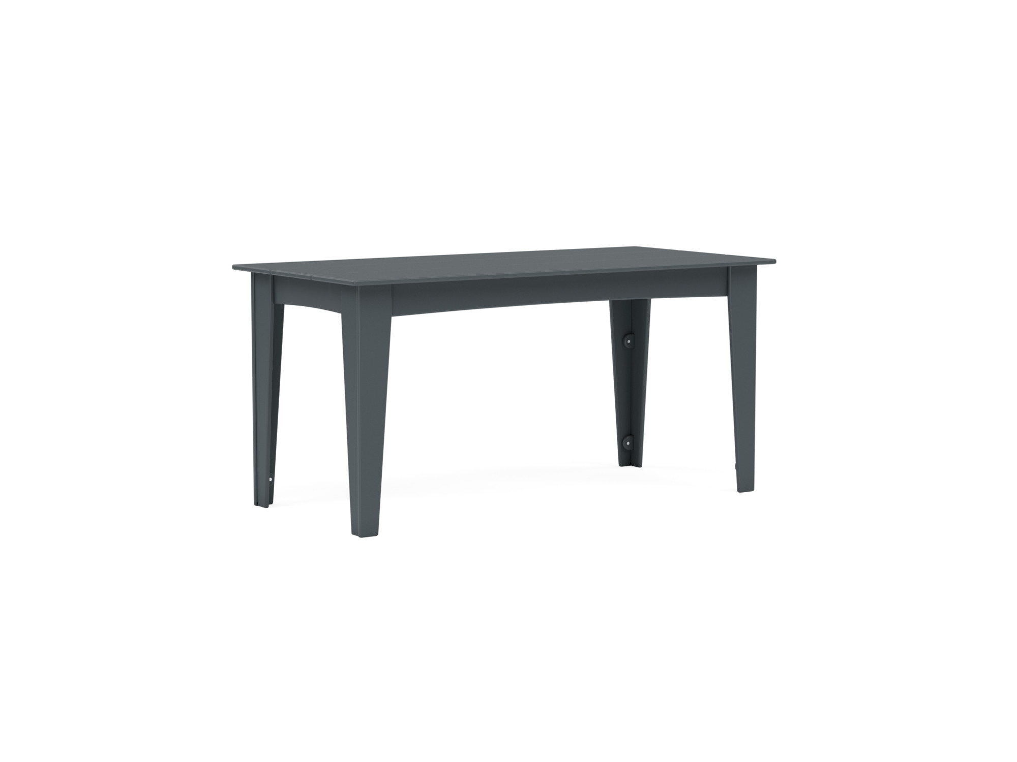 Front angle view of dark grey outdoor dining table